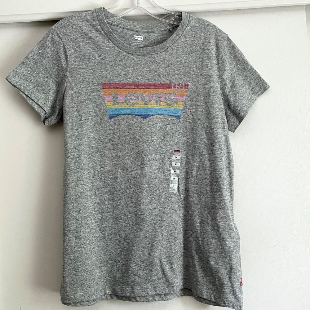 NWT Levi's Heather Gray Short Sleeve Striped Rainbow Logo T Shirt Top M